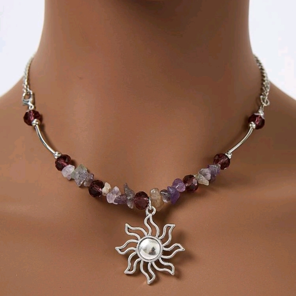 Silver and Purple Sun Pendant Necklace with Stone Beads